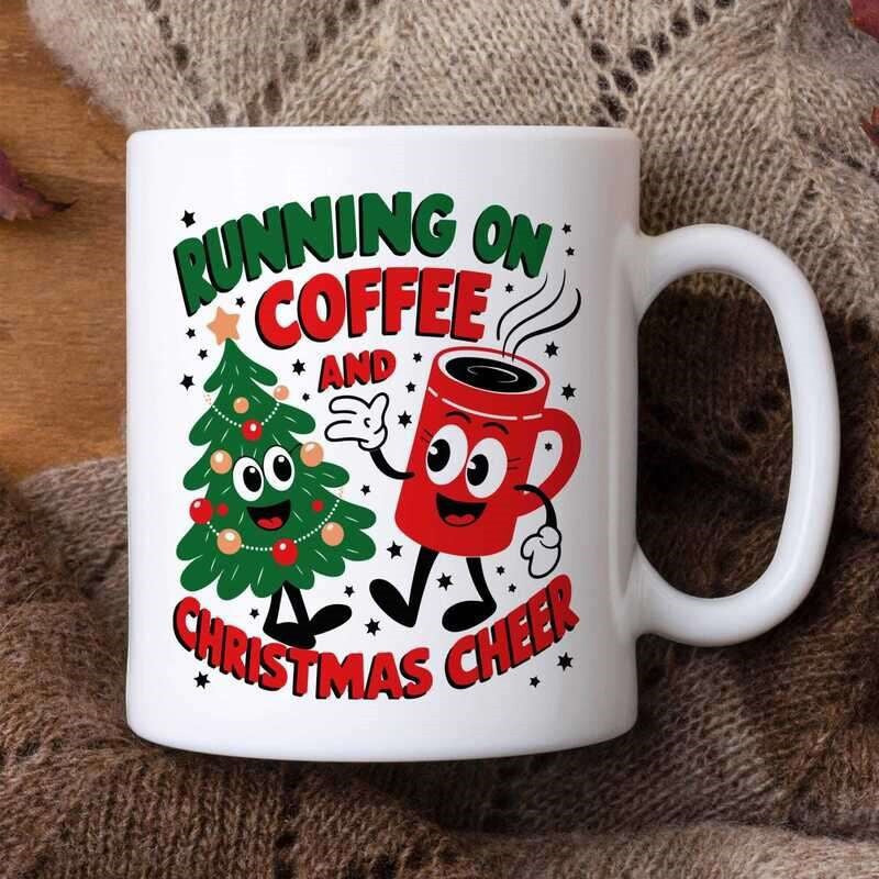 Tailorly White Ceramic 11 oz Mug - Running On Coffee And Christmas Cheer Dancing Cartoon Tree And Red Steaming Mug Holding Hands Joyfully Mug