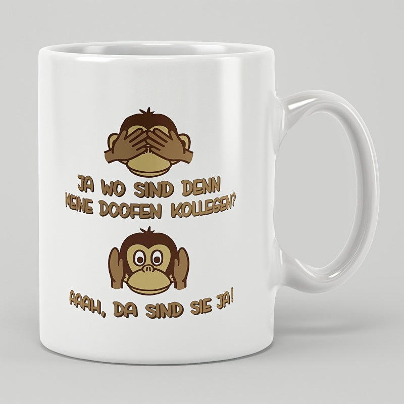 Tailorly White Ceramic 11 oz Mug - Playful Brown Cartoon Primates Gesturing See And Hear No Evil Monkey