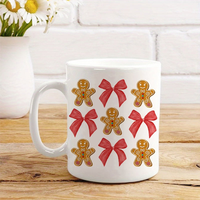 Tailorly White Ceramic 11 oz Mug - Festive Holiday Pattern With Red Ribbon Bows And Sweet Gingerbread