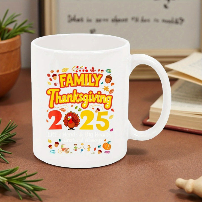 Tailorly White Ceramic 11 oz Mug - Family Thanksgiving 2025 Festive Autumn Leaves And Small Harvest Pumpkin With Cute Turkey
