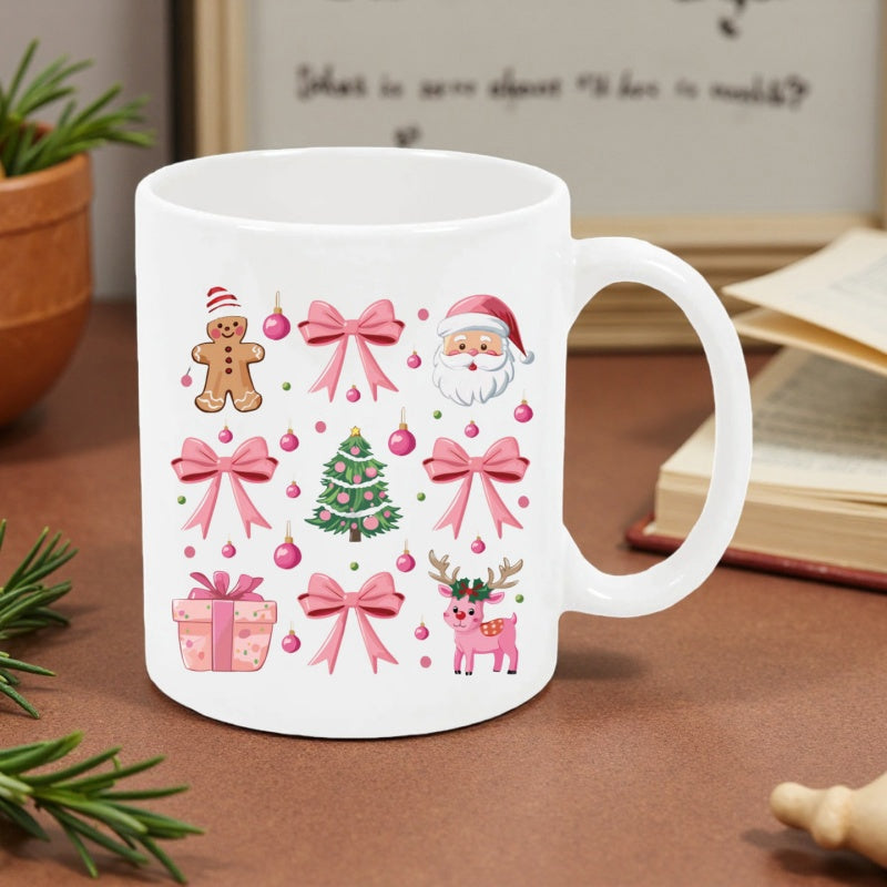 Tailorly White Ceramic 11 oz Mug - Festive Holiday Characters Arranged Among Delicate Pink Ribbons And Snowy Elements Mug