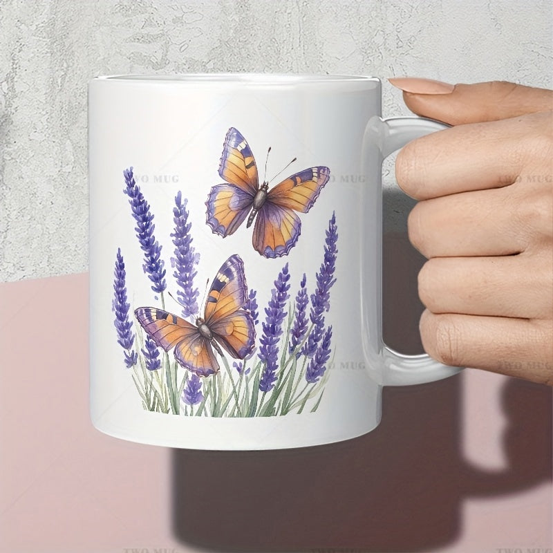 Tailorly White Ceramic 11 oz Mug - Delicate Purple Lavender Flowers With Two Vibrant Orange Wings Butterfly