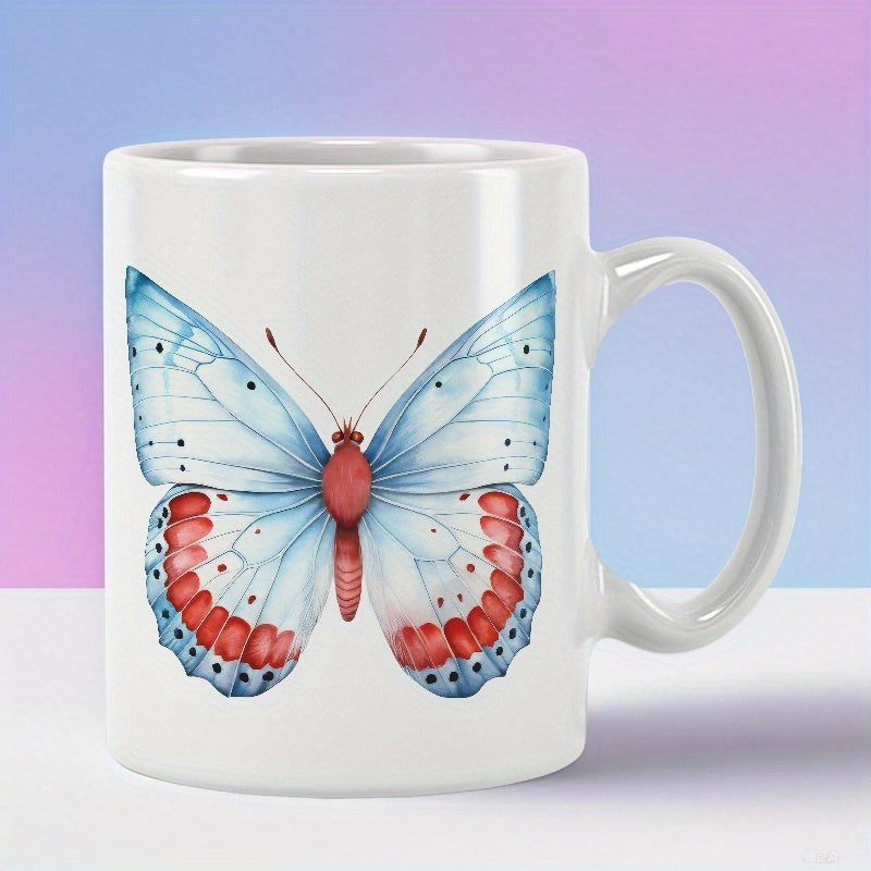 Tailorly White Ceramic 11 oz Mug - Delicate Watercolor Blue Wings With Vibrant Red Accents Resting Gracefully Butterfly
