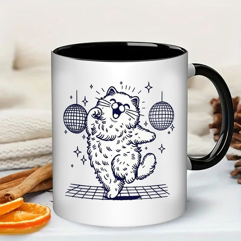 Tailorly Black Accent 11 oz Mug - dancing cat with disco balls and dancing paws cartoon design