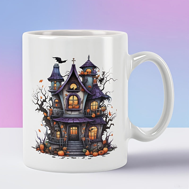 Tailorly White Ceramic 11 oz Mug - Spooky Gothic Victorian Structure Among Bare Trees And Glowing Pumpkins Haunted House