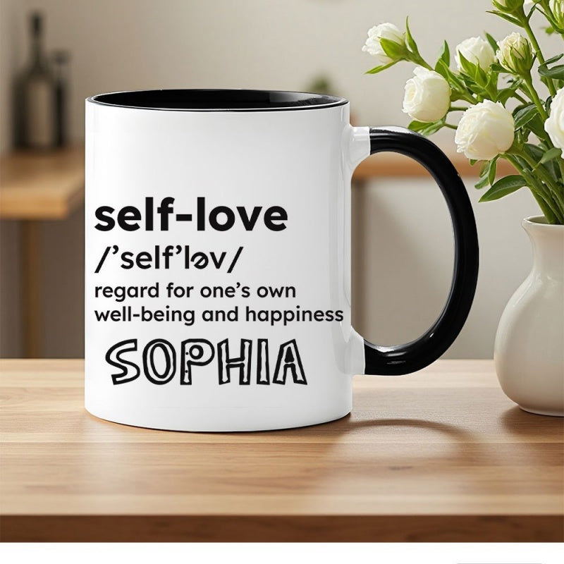 Tailorly Black Accent 11 oz Mug - self love definition text， self care message