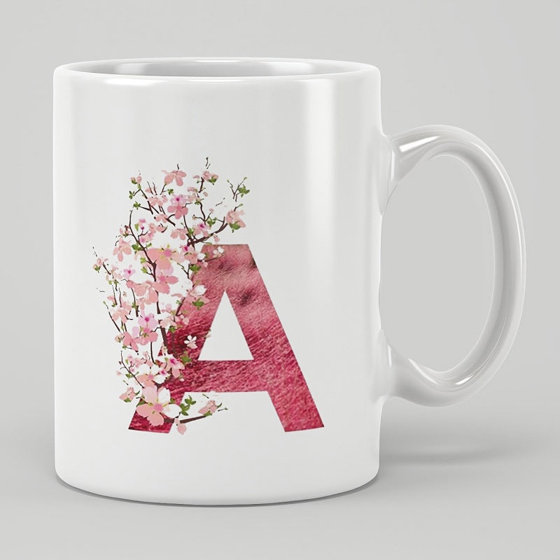 Tailorly White Ceramic 11 oz Mug - A Floral Cherry Blossoms Entwined Around A Textured Pink Rose Gold Letter