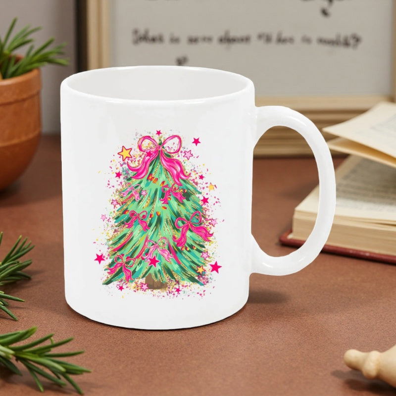 Tailorly White Ceramic 11 oz Mug - Colorful Festive Watercolor Illustration With Pink Ribbons And Shining Stars Christmas Tree