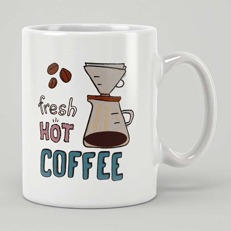 Tailorly White Ceramic 11 oz Mug - Fresh Hot Coffee Hand Drawn Brewing Equipment With Aromatic Beans And Pouring Carafe