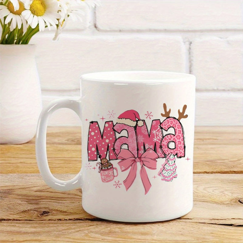 Tailorly White Ceramic 11 oz Mug - Mama Pink Decorative Patterned Letters Decorated With Festive Christmas Ribbon And Elements Mug