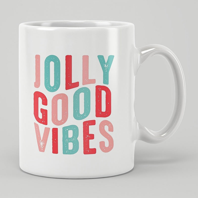 Tailorly White Ceramic 11 oz Mug - Jolly Good Vibes Colorful Retro Style Typography On A Simple Ceramic Mug
