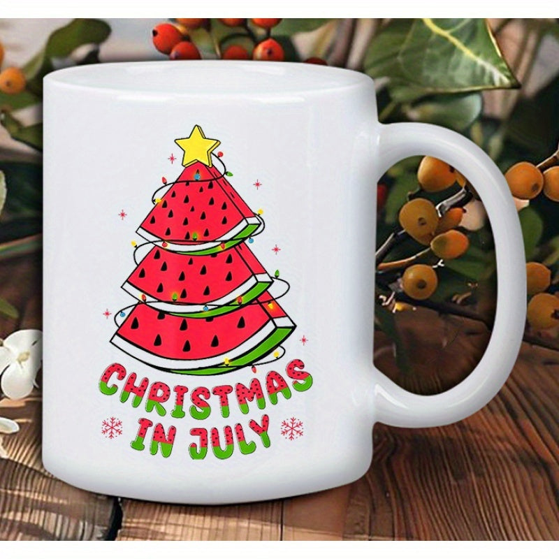 Tailorly White Ceramic 11 oz Mug - Christmas In July Festive Watermelon Slices Arranged As A Sparkling Holiday Tree
