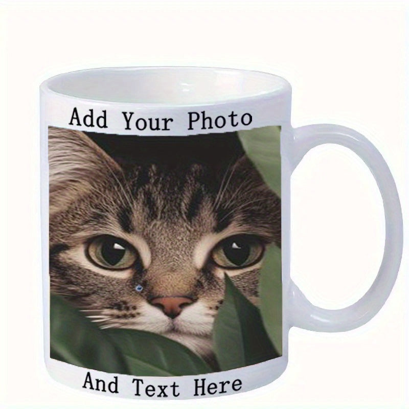 Tailorly White Ceramic 11 oz Mug - Add Your Photo And Text Here Peeking Through Lush Green Leaves With Curious Wide Eyes Cat