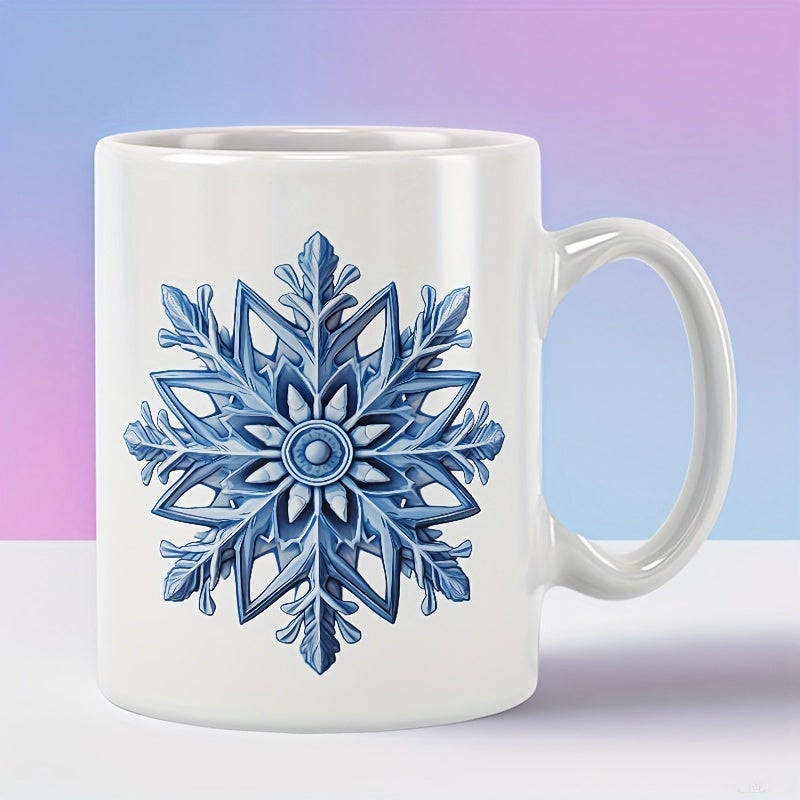 Tailorly White Ceramic 11 oz Mug - Intricate Blue Frozen Crystal Symmetrical Winter Ice Design Ornament Snowflake