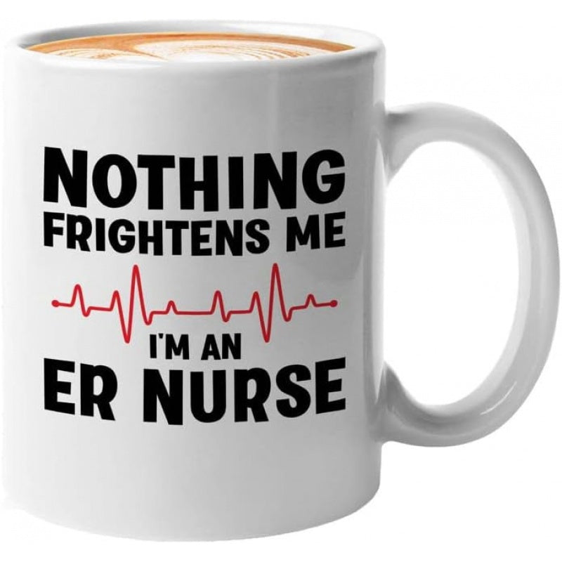 Tailorly White Ceramic 11 oz Mug - Nothing Frightens Me Im An ER Nurse Red EKG Heartbeat Line With Bold Professional Typography For Hospital Staff Heartbeat