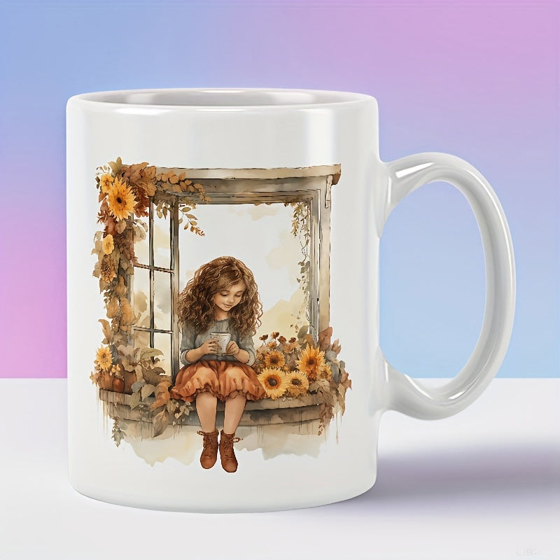 Tailorly White Ceramic 11 oz Mug - Watercolor Illustration Little Girl Sitting On Window Sill With Sunflowers Girl