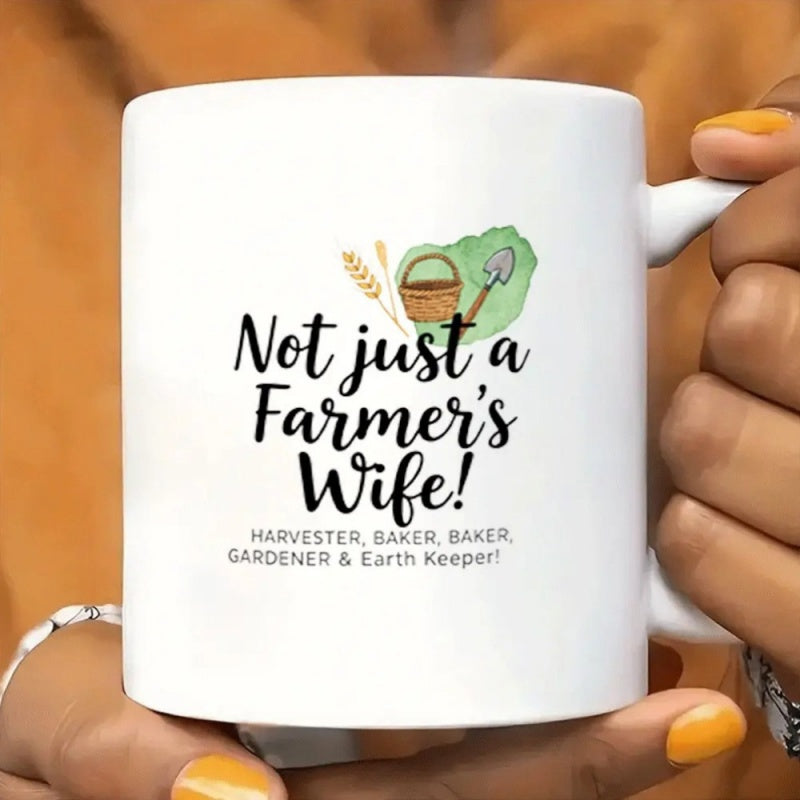 Tailorly White Ceramic 11 oz Mug - Not Just A Farmer's Wife Harvester Baker Baker Gardener Earth Keeper Hand Painted Agricultural Elements With Wicker Basket And
