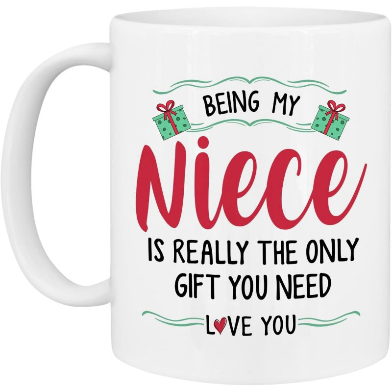 Tailorly White Ceramic 11 oz Mug - Being My Niece Is Really The Only Gift You Need Love You Green Gift Boxes With Red Bows And Decorative Wavy Lines Mug