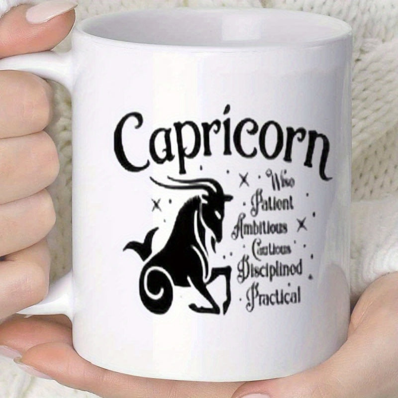 Tailorly White Ceramic 11 oz Mug - Capricorn Wise Patient Ambitious Cautious Disciplined Practical Majestic Black Silhouette Mythological Sea Goat Surrounded By