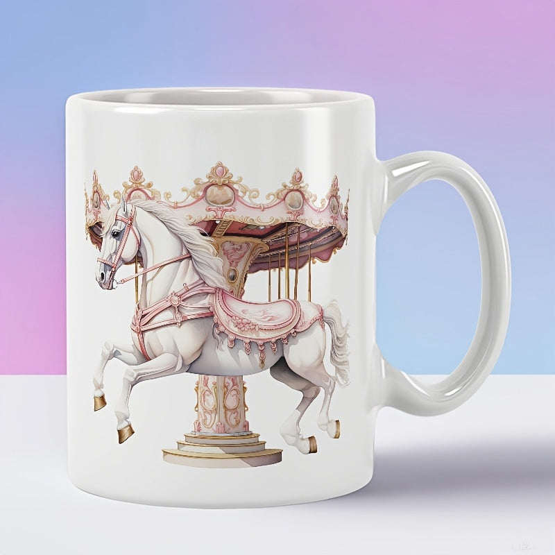 Tailorly White Ceramic 11 oz Mug - Elegant Vintage Carousel Featuring Pink Ribbons And Golden Ornaments Horse