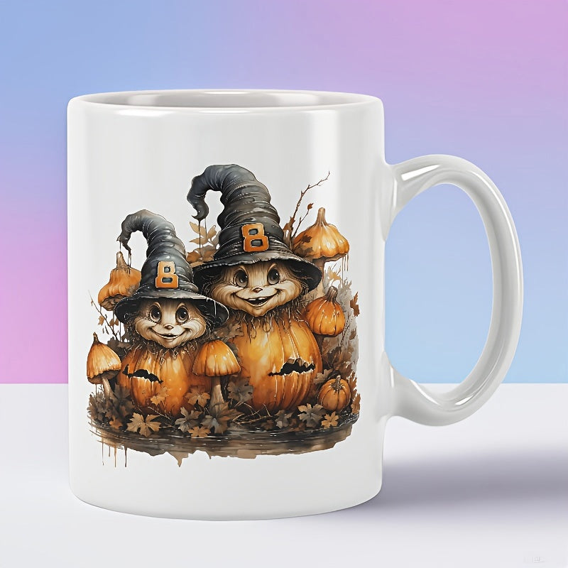 Tailorly White Ceramic 11 oz Mug - Vintage Illustration Featuring Two Smiling Figures Wearing Spooky Black Witch Hats Pumpkin