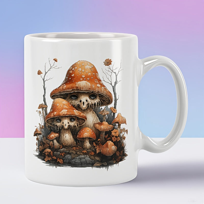 Tailorly White Ceramic 11 oz Mug - Mystical Forest Fungi With Skeleton Faces Nestled Among Bare Winter Branches Mushroom