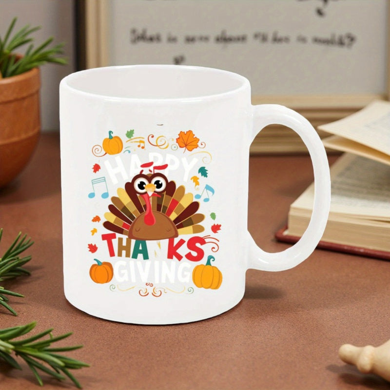 Tailorly White Ceramic 11 oz Mug - Happy Thanksgiving Cute Cartoon Holiday Character Among Pumpkins And Autumn Leaves Turkey