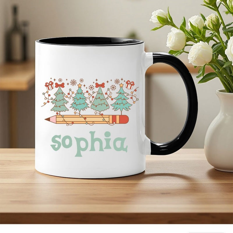 Tailorly Black Accent 11 oz Mug - four christmas trees snowflakes gifts
