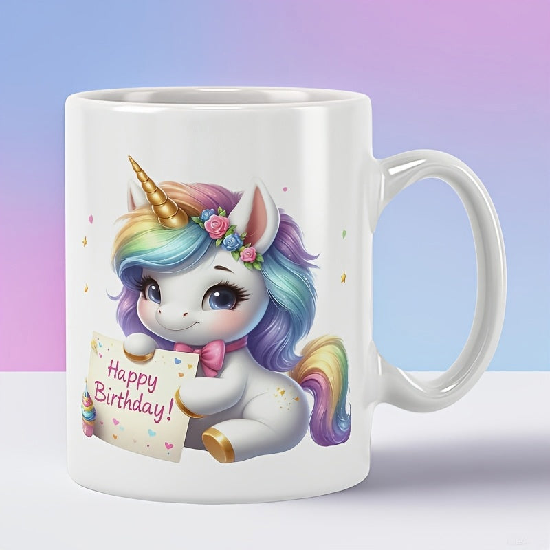 Tailorly White Ceramic 11 oz Mug - Happy Birthday Adorable Rainbow Colored Cartoon Animal Holding A Celebration Card Unicorn