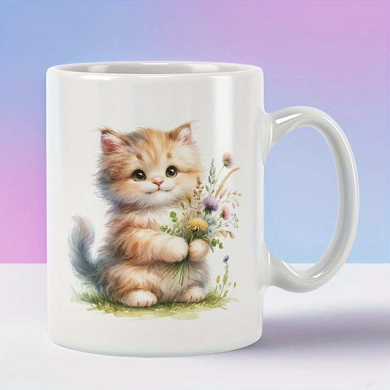 Tailorly White Ceramic 11 oz Mug - Adorable Fluffy Kitten Holding Wildflowers While Sitting On Green Grass Kitten
