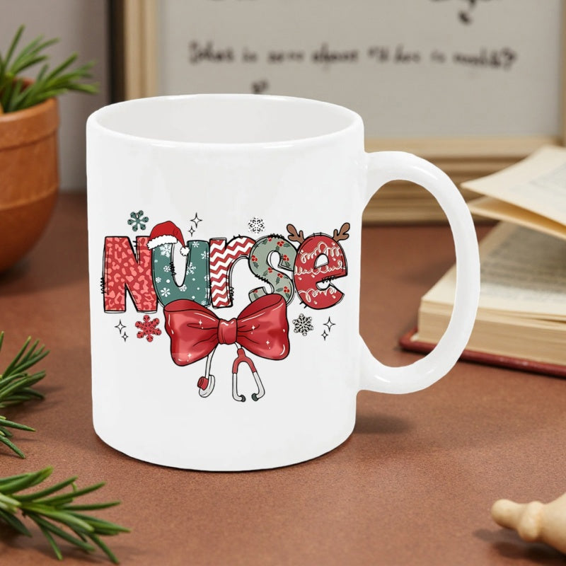 Tailorly White Ceramic 11 oz Mug - Nurse Festive Patterned Holiday Lettering With Red Ribbon Bow Nurse