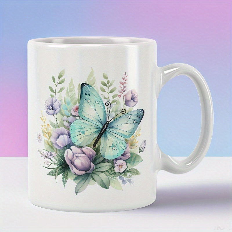 Tailorly White Ceramic 11 oz Mug - Elegant Teal Butterfly Resting Among Soft Purple Blossoms And Green Foliage Butterfly