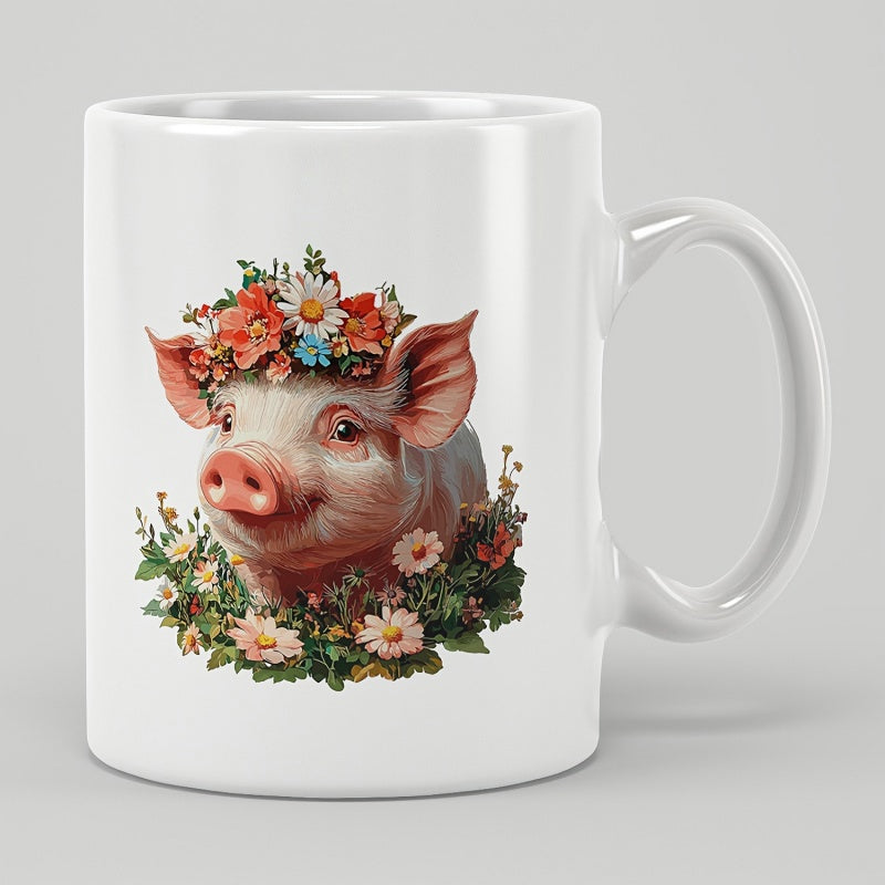 Tailorly White Ceramic 11 oz Mug - Adorable Pink Farm Animal Wearing Colorful Floral Wreath Among Spring Blossoming Pig