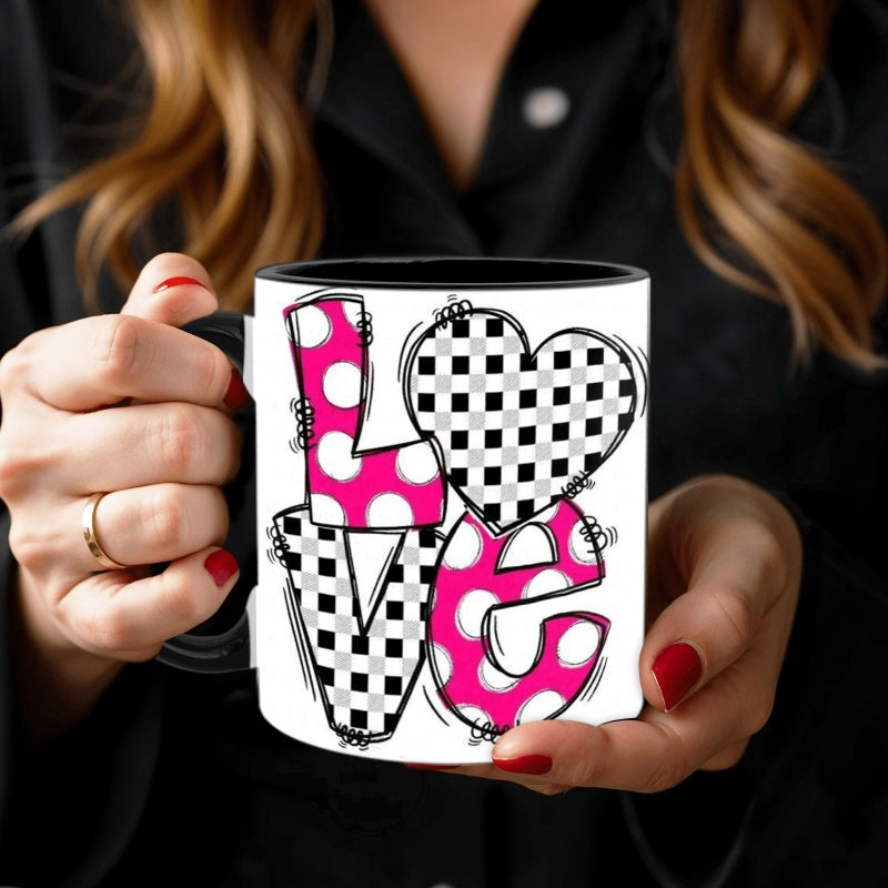Tailorly Black Accent 11 oz Mug - black plaid hot pink polka dots