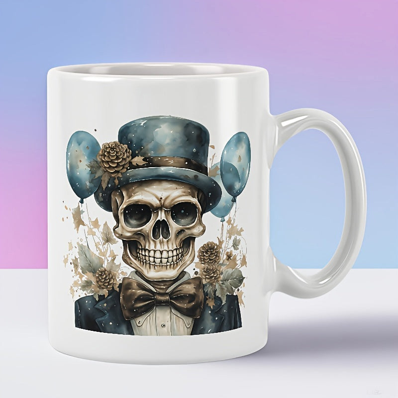 Tailorly White Ceramic 11 oz Mug - Gentle Skeletal Gentleman Wearing Vintage Top Hat Surrounded By Festive Balloons Skull