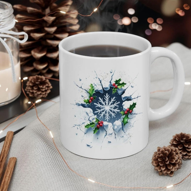 Tailorly White Ceramic 11 oz Mug - Delicate Festive Holly Leaves And Red Berries Surrounding A Winter Snowflake