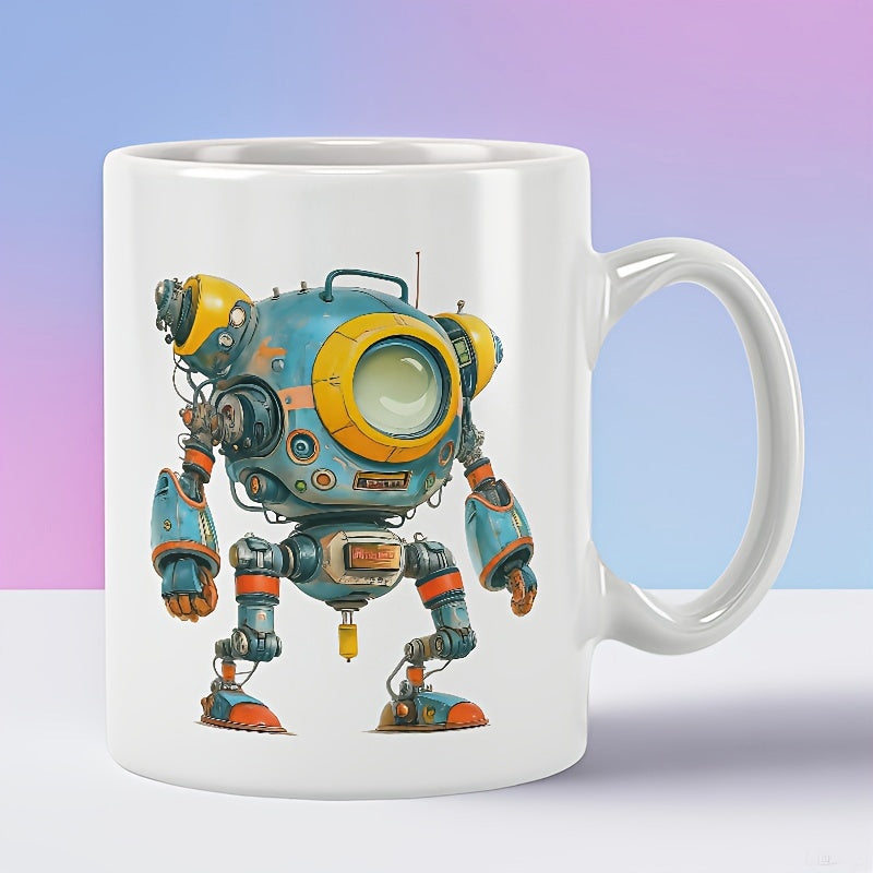 Tailorly White Ceramic 11 oz Mug - Vintage Style Blue Industrial Metal Bot With Sturdy Mechanical Rusty Legs Robot