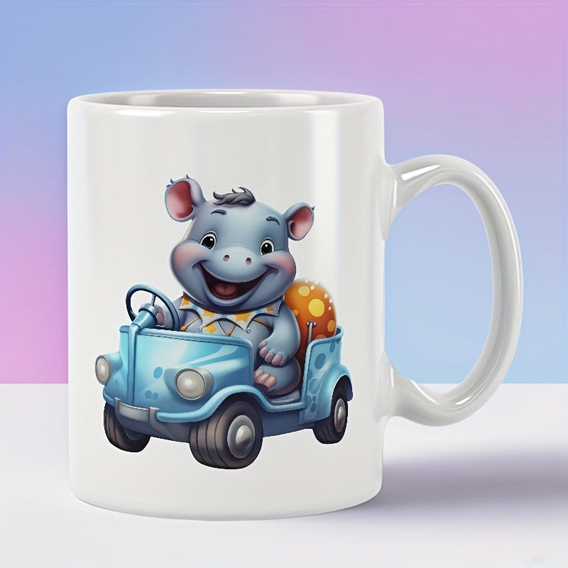 Tailorly White Ceramic 11 oz Mug - Cute Smiling Little Animal Driving A Small Blue Vintage Style Car Hippo