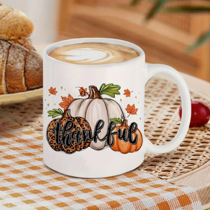 Tailorly White Ceramic 11 oz Mug - Thankful Leopard Print And White Harvest Pumpkins Decorated With Autumn Leaves Pumpkin