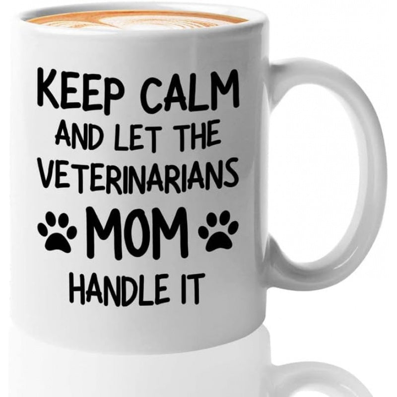 Tailorly White Ceramic 11 oz Mug - Keep Calm And Let The Veterinarians Mom Handle It Minimalist Black Ink Style With Symmetrical Animal Paw Prints Design