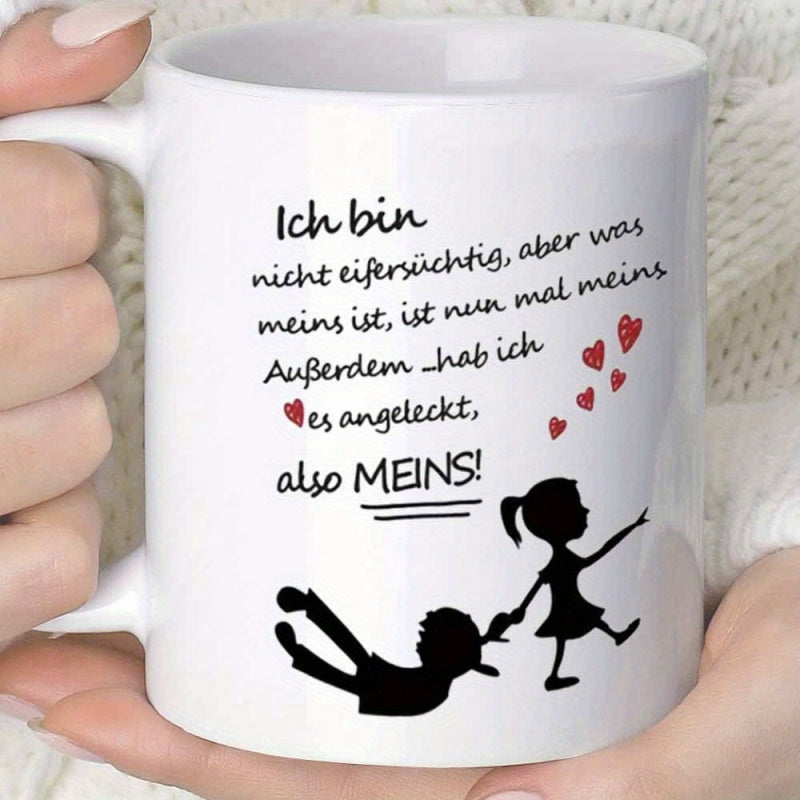 Tailorly White Ceramic 11 oz Mug - Playful Black Character Outlines Together Among Floating Small Red Hearts Silhouette