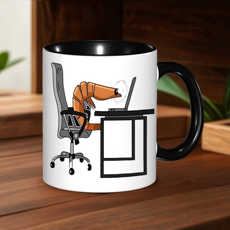 Tailorly Black Accent 11 oz Mug - shrimp sitting in a chair with a laptop cartoon