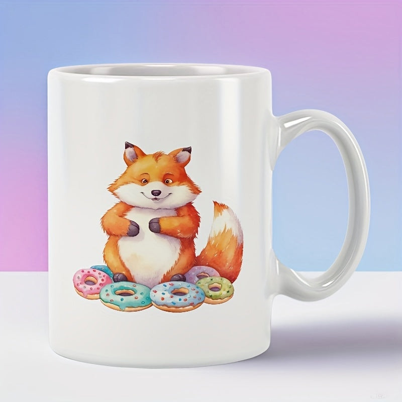 Tailorly White Ceramic 11 oz Mug - Chubby Little Orange Sitting Behind Colorful Glazed Sweet Sprinkled Donuts Fox