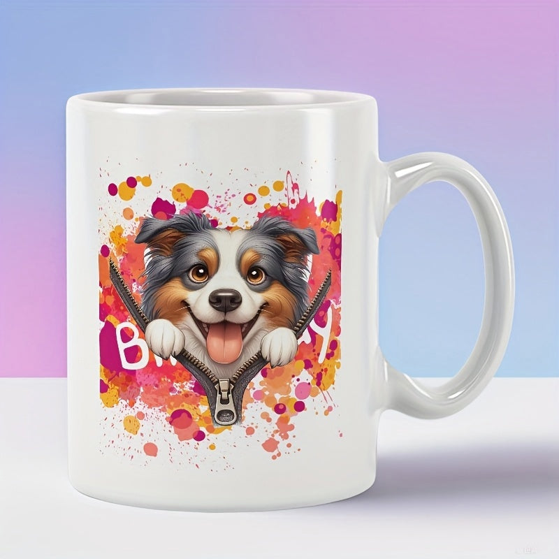 Tailorly White Ceramic 11 oz Mug - Birthday Vibrant Artistic Paint Splatters Peeking Through A Zipper Dog