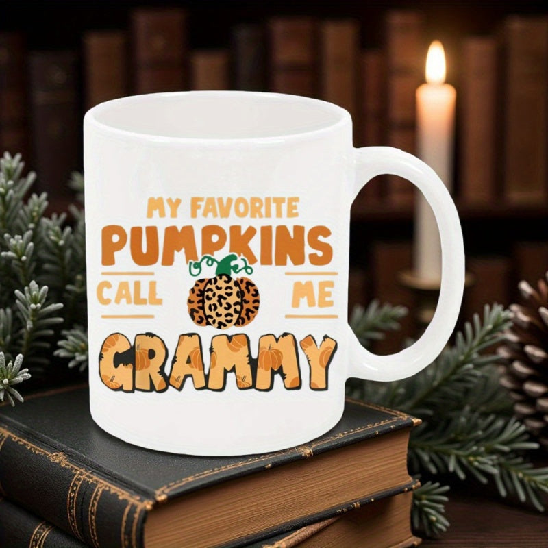 Tailorly White Ceramic 11 oz Mug - My Favorite Pumpkins Call Me Grammy Decorative Leopard Print Autumn Seasonal Harvest Pumpkin