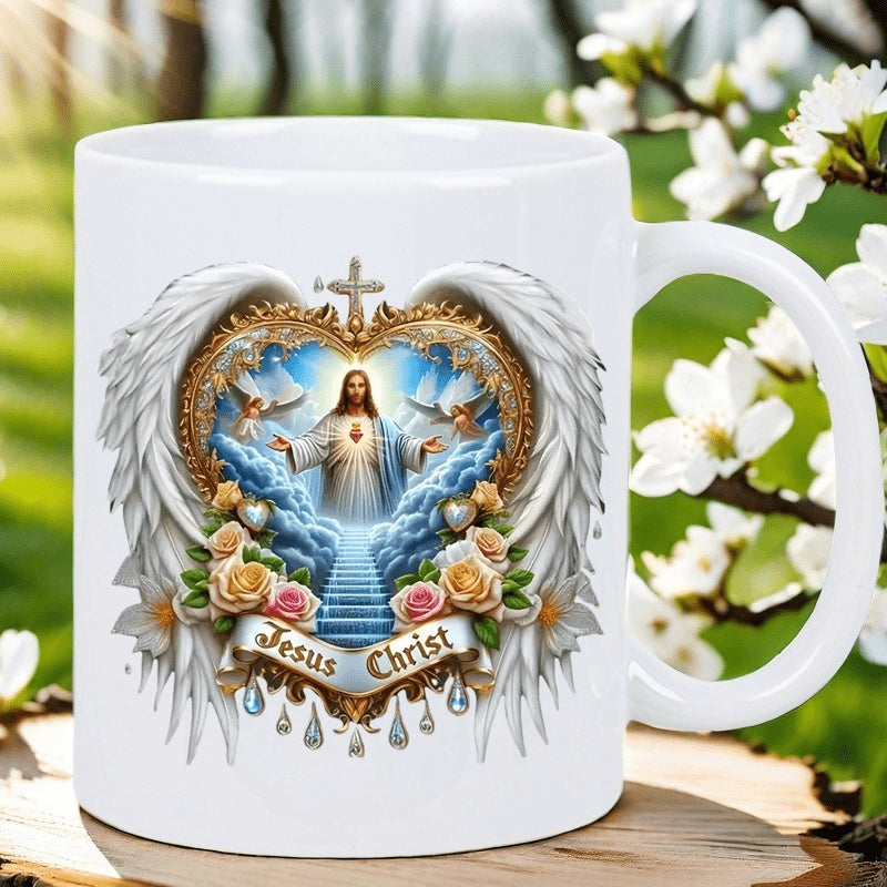 Tailorly White Ceramic 11 oz Mug - Jesus Christ Heavenly Golden Heart With Angel Wings And Garden Roses Christ