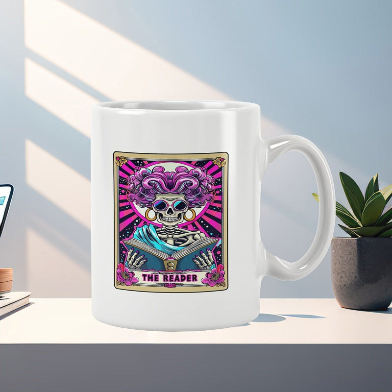 Tailorly White Ceramic 11 oz Mug - The Reader Vibrant Skeleton With Purple Hair Reading A Magic Book Among Stars Skeleton