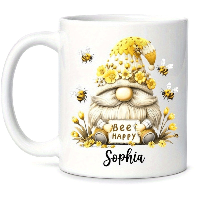 Tailorly White Ceramic 11 oz Mug - Bee Happy Sophia Garden Gnome With Yellow Floral Hat Among Tiny Honeybees Gnome