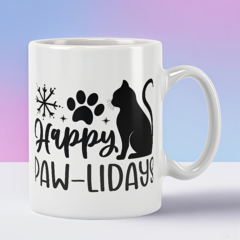 Tailorly White Ceramic 11 oz Mug - Happy Paw-Lidays Elegant Black Cat Silhouette Beside A Paw Print And Snowflake Mug