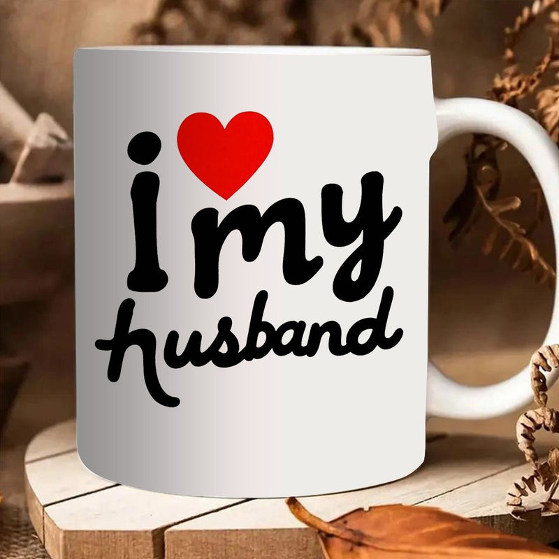 Tailorly White Ceramic 11 oz Mug - I My Husband Simple White Ceramic Vessel Featuring Bold Black Handwritten Script Heart Mug
